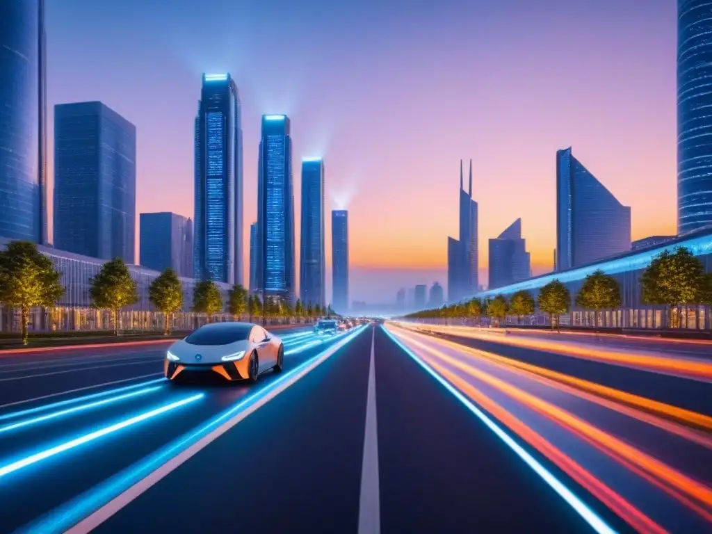 Metrópolis futurista: rascacielos ecoeficientes al atardecer Vista futurista de una ciudad al anochecer, con rascacielos energéticamente eficientes y paneles solares