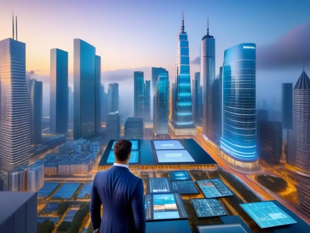 Metrópolis futurista: tecnología revoluciona mercado inmobiliario Vista futurista de la ciudad con rascacielos y pantallas digitales, representando las regulaciones tecnológicas en el sector inmobiliario