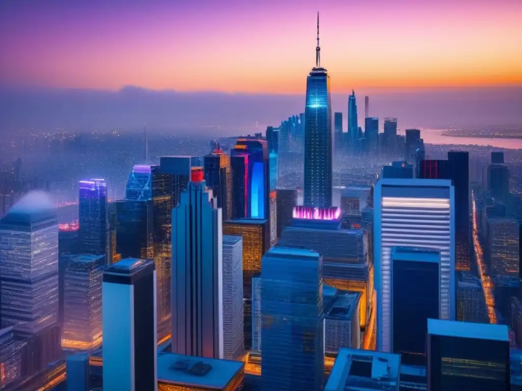 Metrópolis futurista: luces neón en rascacielos Vista futurista de la ciudad al anochecer, con rascacielos brillantes y luces de neón, reflejando alianzas estratégicas mercado inmobiliario