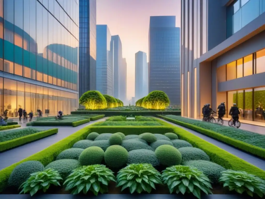 Metrópolis futurista: ciudad sostenible en armonía con la naturaleza Vista futurista de ciudad con rascacielos integrados en vegetación, calles arboladas y ciclopeatonal al atardecer