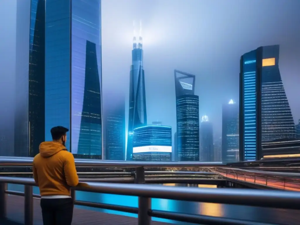 Contraste financiero: inversión tradicional vs Vista futurista de la ciudad con rascacielos y pantallas digitales, comparando financiamiento colectivo y REITs