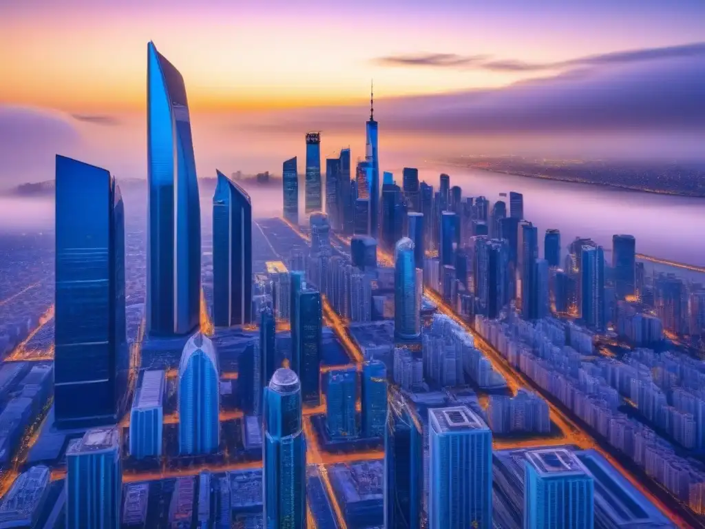 Innovación inmobiliaria: valoración instantánea en la ciudad futurista Vista futurista de la ciudad con rascacielos tecnológicos mostrando predicciones herramientas valoración inmobiliaria