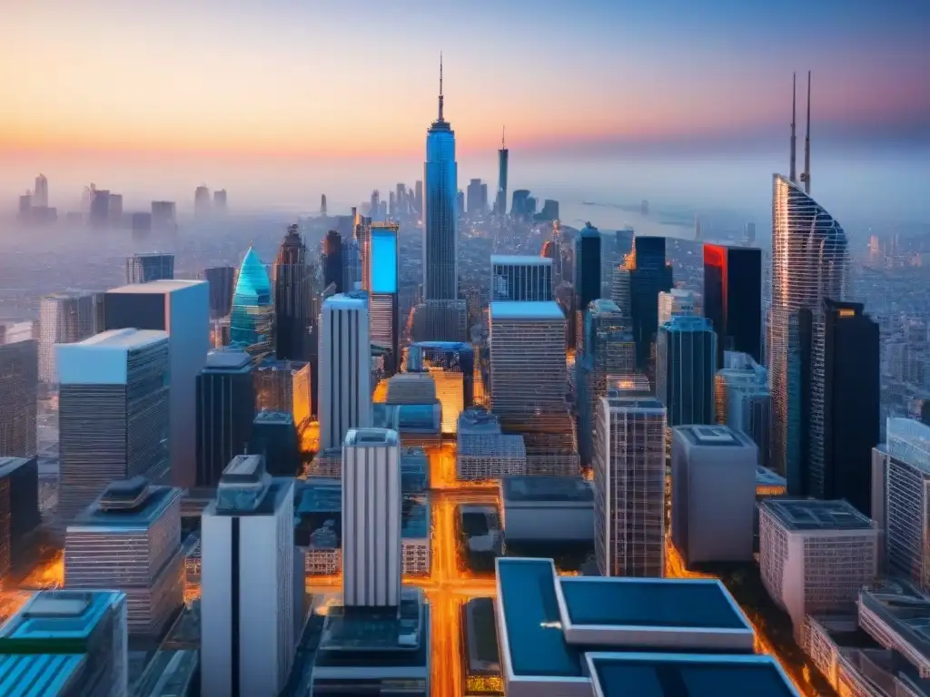 Metrópolis futurista con IA y drones en la ley inmobiliaria Vista futurista de la ciudad con rascacielos y drones, integrando Inteligencia Artificial en Legislación Inmobiliaria