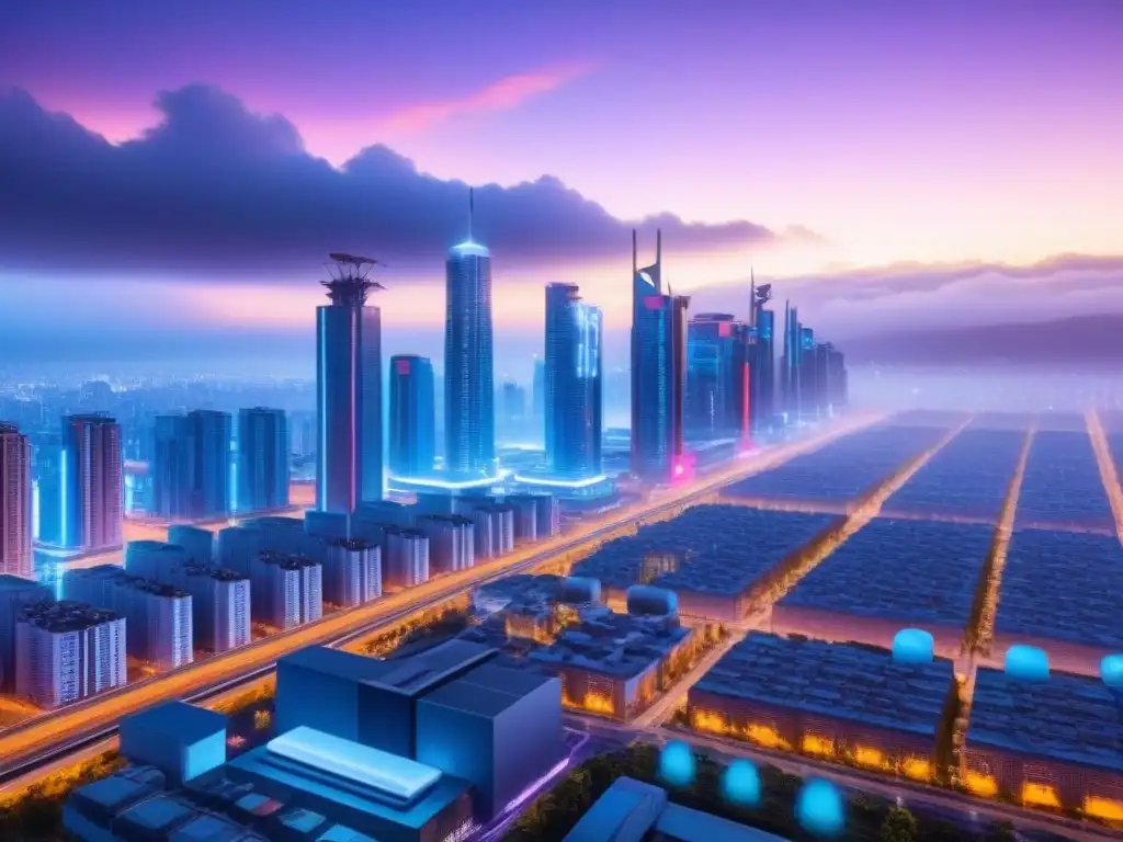 Metrópolis futurista: Integración AI en la ciudad al anochecer Vista futurista de la ciudad con rascacielos y tecnología AI al anochecer