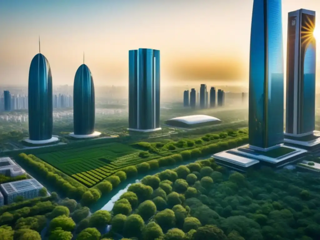 Metrópolis futurista: armonía entre naturaleza y tecnología Vista futurista de una ciudad con rascacielos y naturaleza, mostrando la integración de Inteligencia Artificial en Bienes Raíces