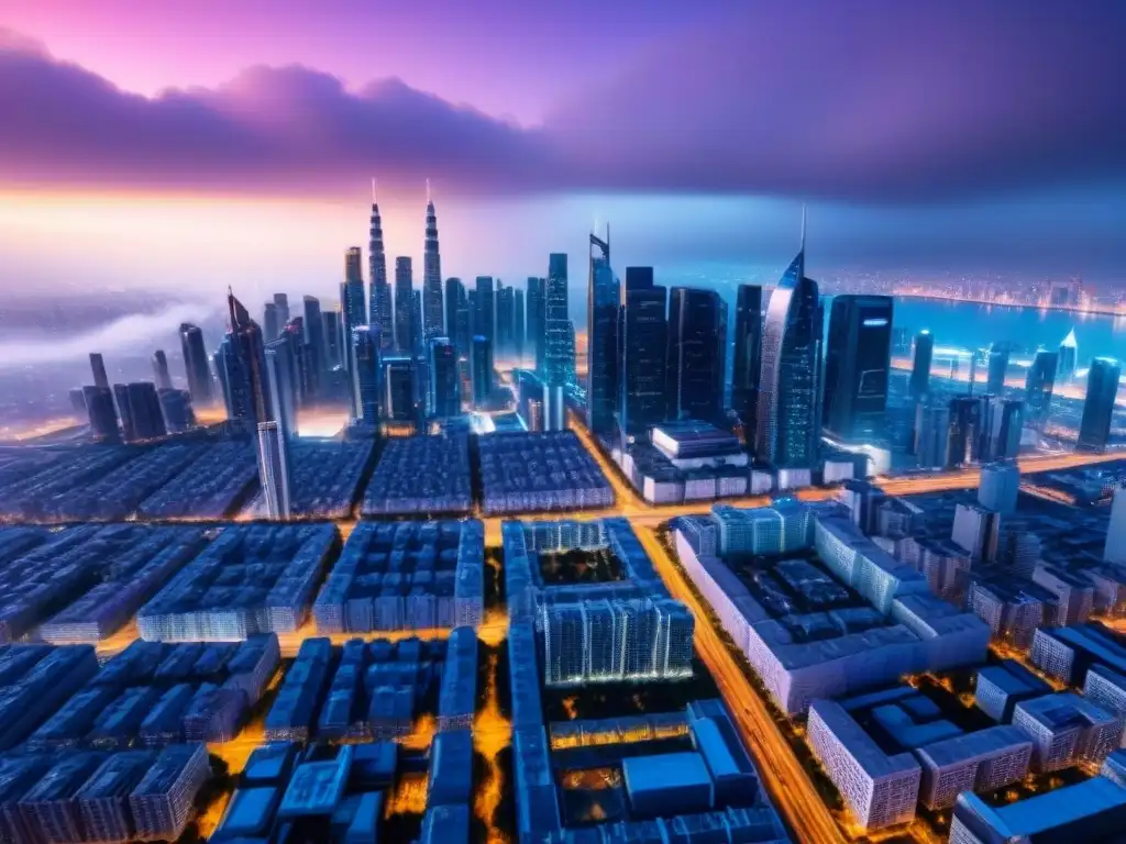 Metrópolis futurista con IA avanzada en 8k Vista futurista de una ciudad con rascacielos inteligentes y drones, mostrando la integración de Inteligencia Artificial en Inversión Inmobiliaria