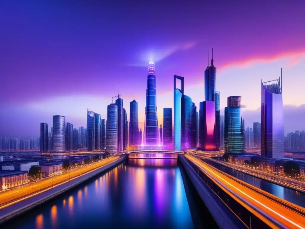 Metrópolis futurista en 8k: crowdfunding real estate innovador Vista futurista de una ciudad con rascacielos de vidrio y acero, conectados por puentes luminosos al anochecer