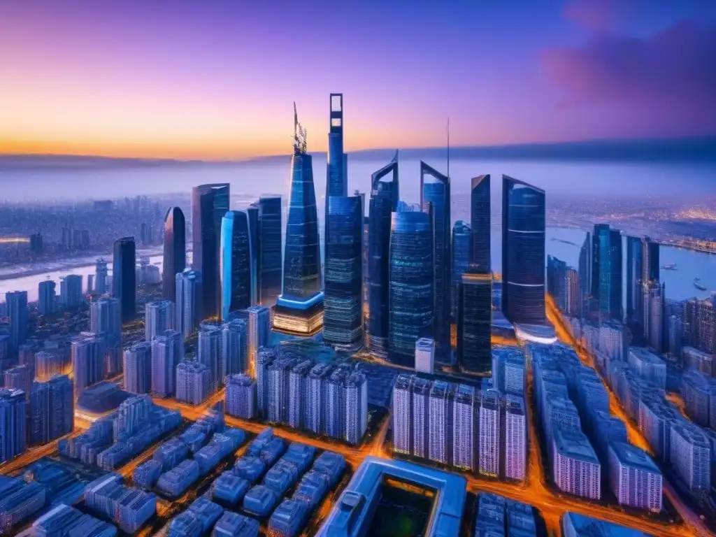 Metrópolis futurista con Big Data y drones AI Vista futurista de la ciudad al anochecer con rascacielos iluminados y drones avanzados, fusionando tecnología con el paisaje urbano
