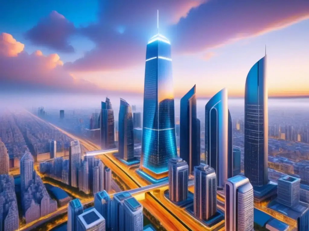 Metrópolis futurista con rascacielos AI: innovación urbana Vista futurista de ciudad con rascacielos AI integrada