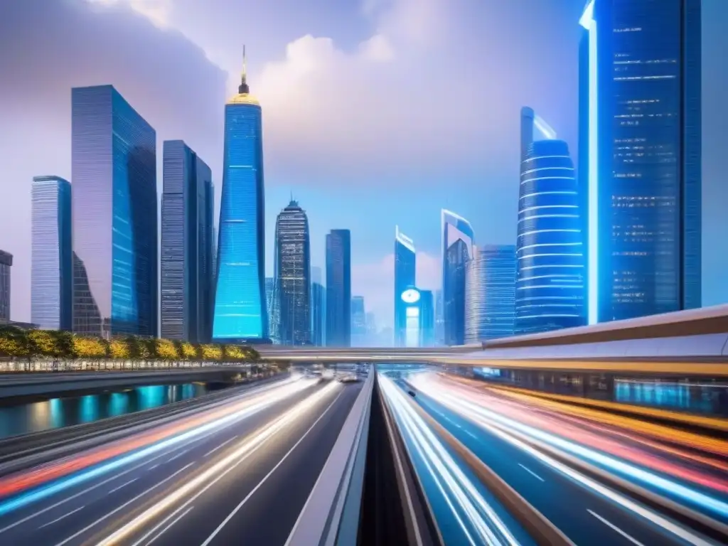 Metrópolis futurista con inteligencia artificial en urbanismo Vista futurista de una ciudad con rascacielos y tecnología avanzada, reflejando el uso de inteligencia artificial en hipotecas