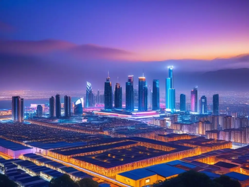 Panorama futurista de ciudad con IA y estética moderna Una vista futurista de la ciudad con rascacielos iluminados por luces neón y patrones de IA