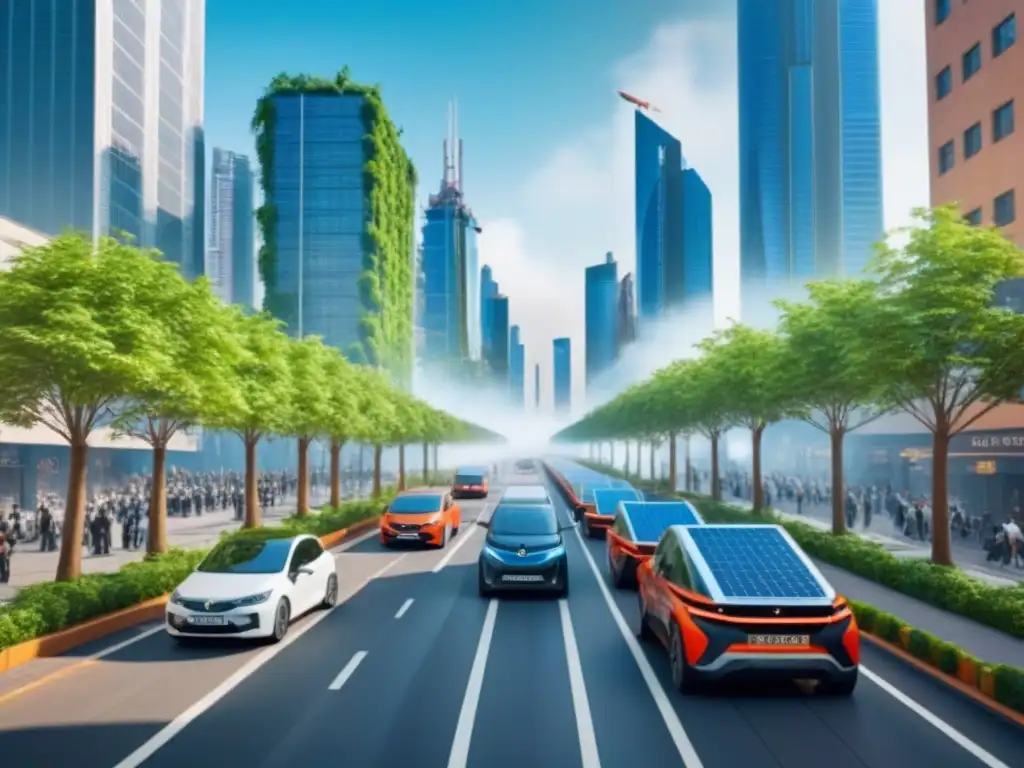Metrópolis futurista eco-friendly en 8K: armonía tecnológica y sostenible Vista futurista de la ciudad con rascacielos sostenibles, drones y vehículos eléctricos, simbolizando la integración de la Inteligencia Artificial en proyectos inmobiliarios