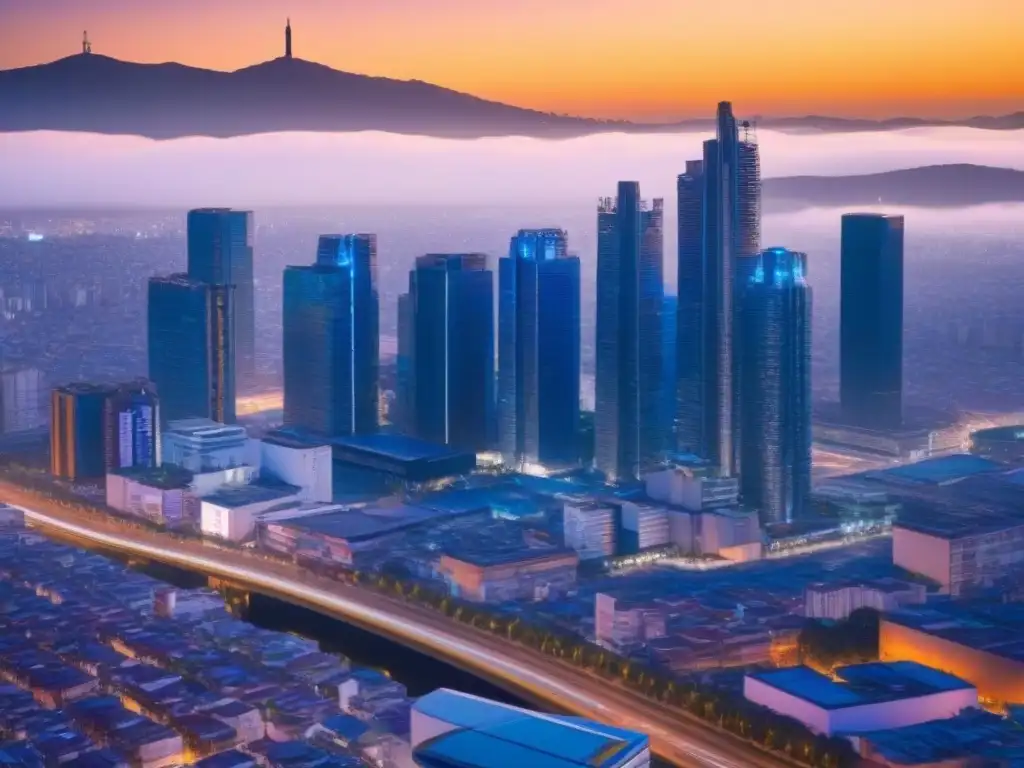 Mexico City del futuro: rascacielos innovadores y tecnología integrada Vista futurista de la Ciudad de México con rascacielos avanzados y diseño innovador, integrados por vías digitales, iluminados por luces brillantes al atardecer, simbolizando la integración de tecnología en el mercado inmobiliario de México