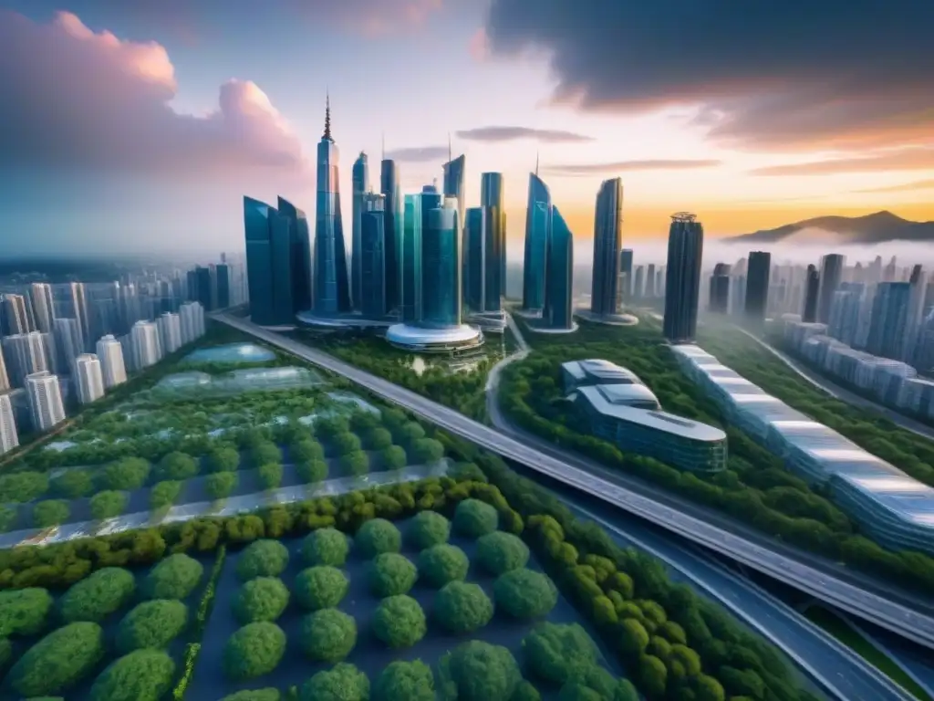 Metrópolis futurista: innovación y sostenibilidad en el sector inmobiliario Vista futurista de la ciudad con rascacielos y vegetación, personas realizando actividades inmobiliarias