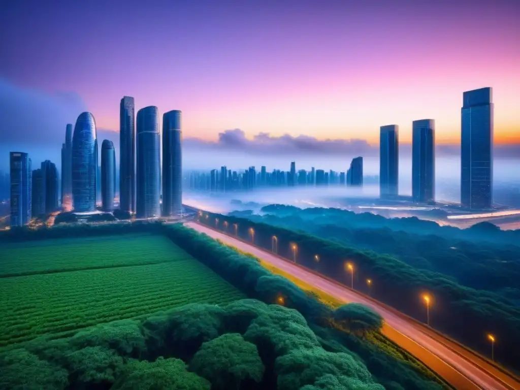 Metrópolis futurista: armonía entre tecnología y naturaleza Vista futurista de una ciudad al anochecer, con rascacielos brillantes y avanzados sistemas de transporte, integrando vegetación en un ambiente urbano