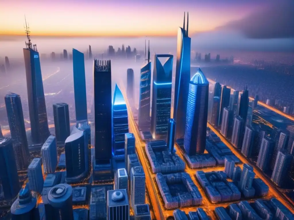 Metrópolis futurista: real estate innovador en 8k Vista futurista de una ciudad con regulaciones tecnológicas sector inmobiliario