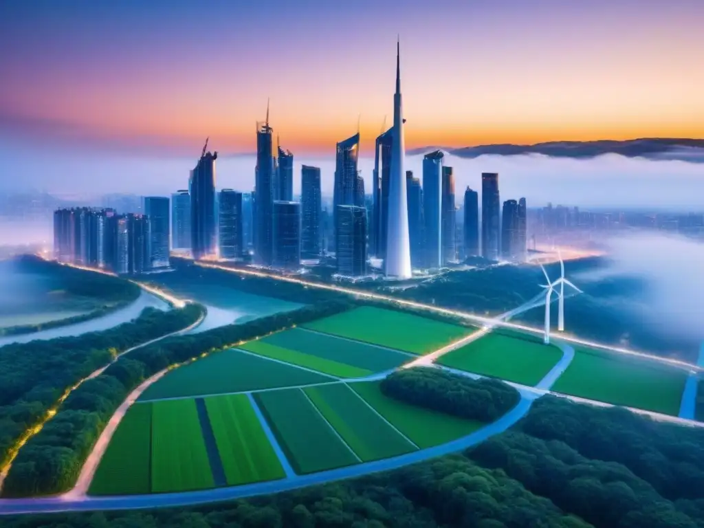 Metrópolis futurista: arquitectura verde y sostenible al atardecer Vista futurista de ciudad sostenible al anochecer con tecnología verde