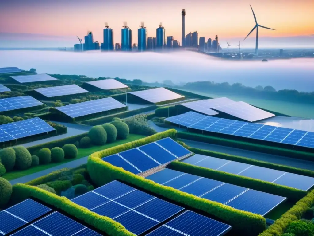Metrópolis futurista y sostenible con edificios energéticamente eficientes Vista futurista de una ciudad sostenible con edificios energéticamente eficientes, paneles solares y turbinas eólicas