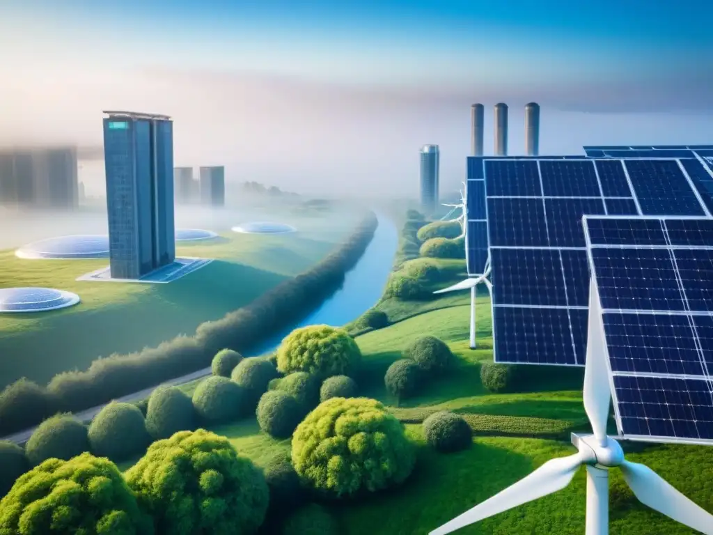 Metrópolis futurista: arquitectura sostenible en armonía con la naturaleza Vista futurista de una ciudad sostenible con tecnologías verdes avanzadas, integrando la conservación de edificios frente al cambio climático