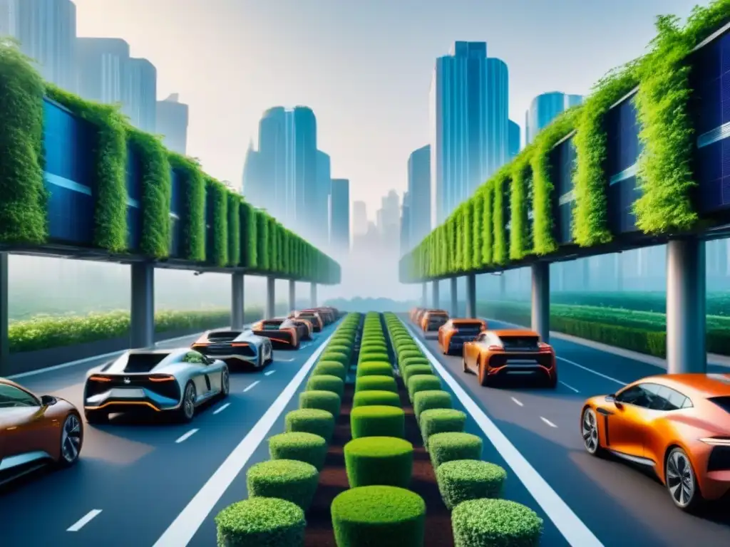 Metrópolis futurista sostenible: edificios verdes y tecnologías limpias Vista futurista de una ciudad sostenible con tecnologías verdes