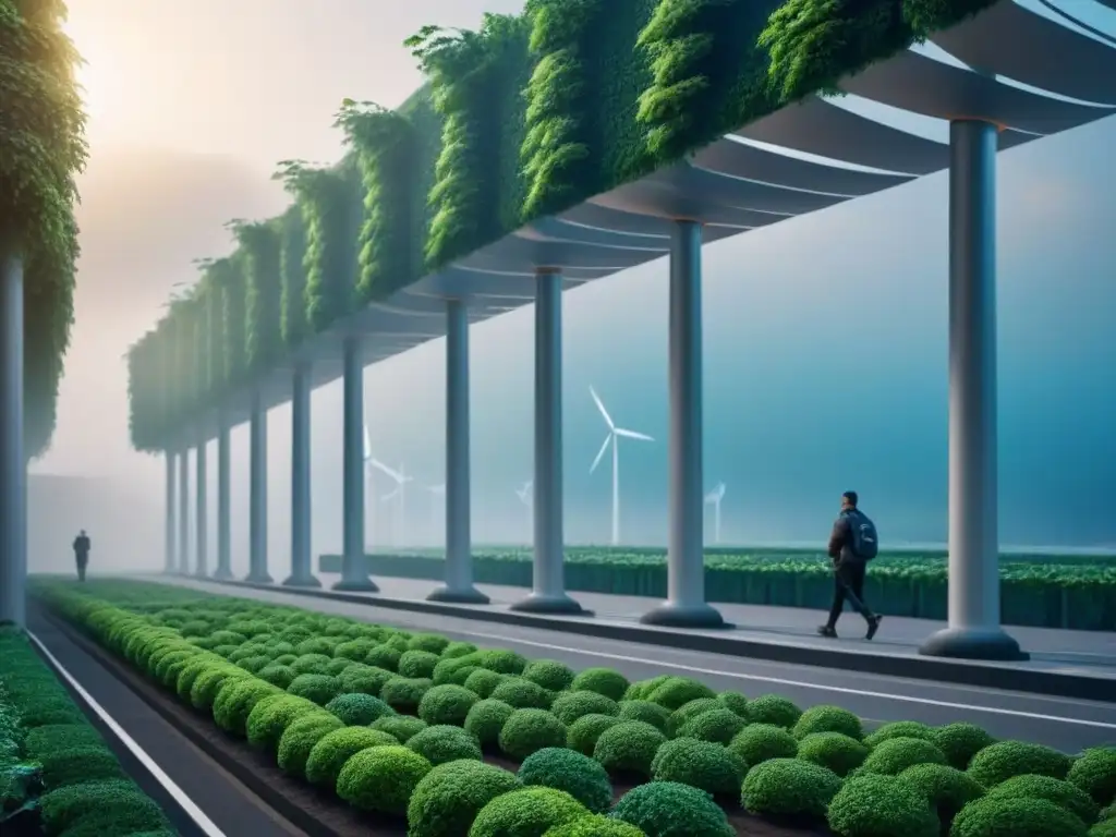 Metrópolis sostenible del futuro: ciudad verde y ecoamigable Vista futurista de ciudad sostenible, con jardines verticales, paneles solares y energía limpia, en respuesta al cambio climático