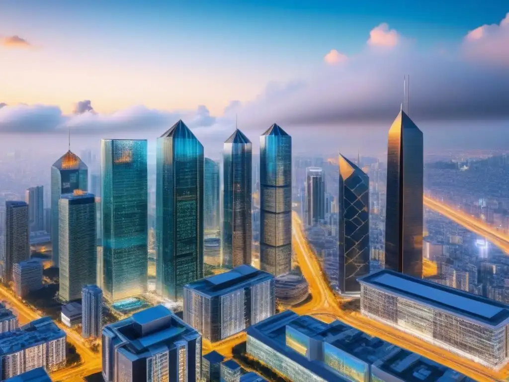 Skyline futurista: Integración de blockchain en el sector inmobiliario Vista futurista de ciudad con tecnología blockchain en el mercado inmobiliario