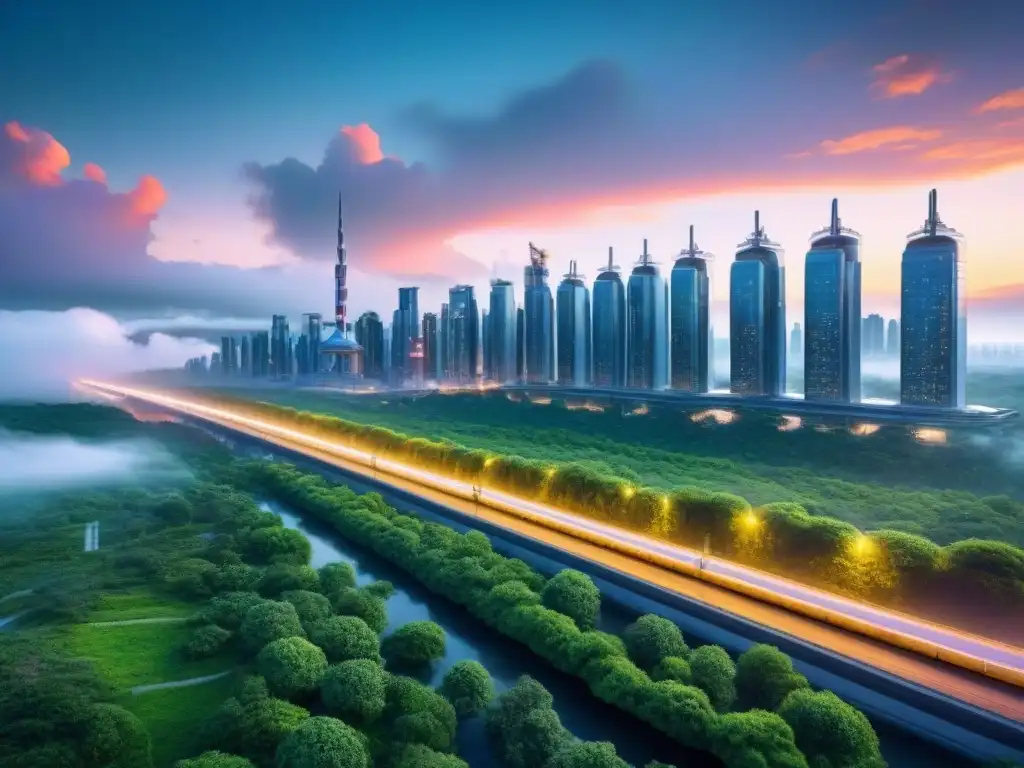Visión futurista: Ciudad 8k con tecnología avanzada y sostenible Vista futurista de una ciudad con tecnología avanzada y energía renovable