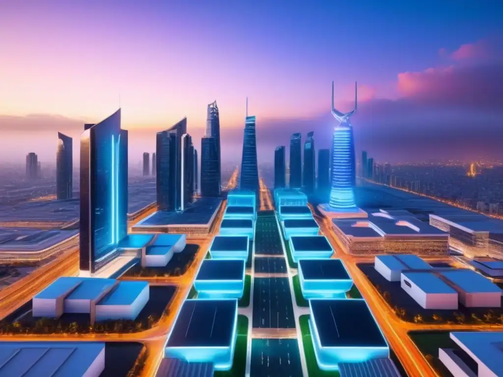 Metrópolis futurista 8k: tecnología y neon Vista futurista de ciudad al anochecer con tecnología avanzada y drones