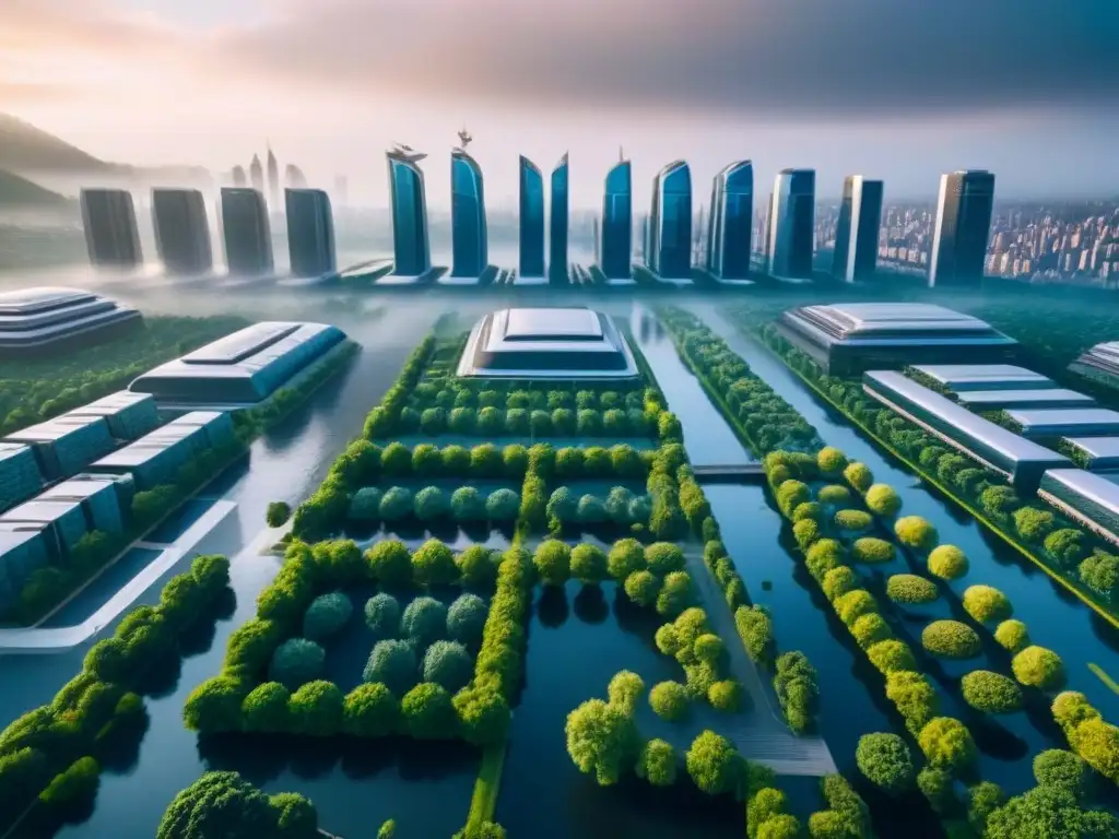 Metrópolis futurista: tecnología avanzada y seguridad en la vida diaria Vista futurista de ciudad con tecnología avanzada y privacidad en valoración de propiedades