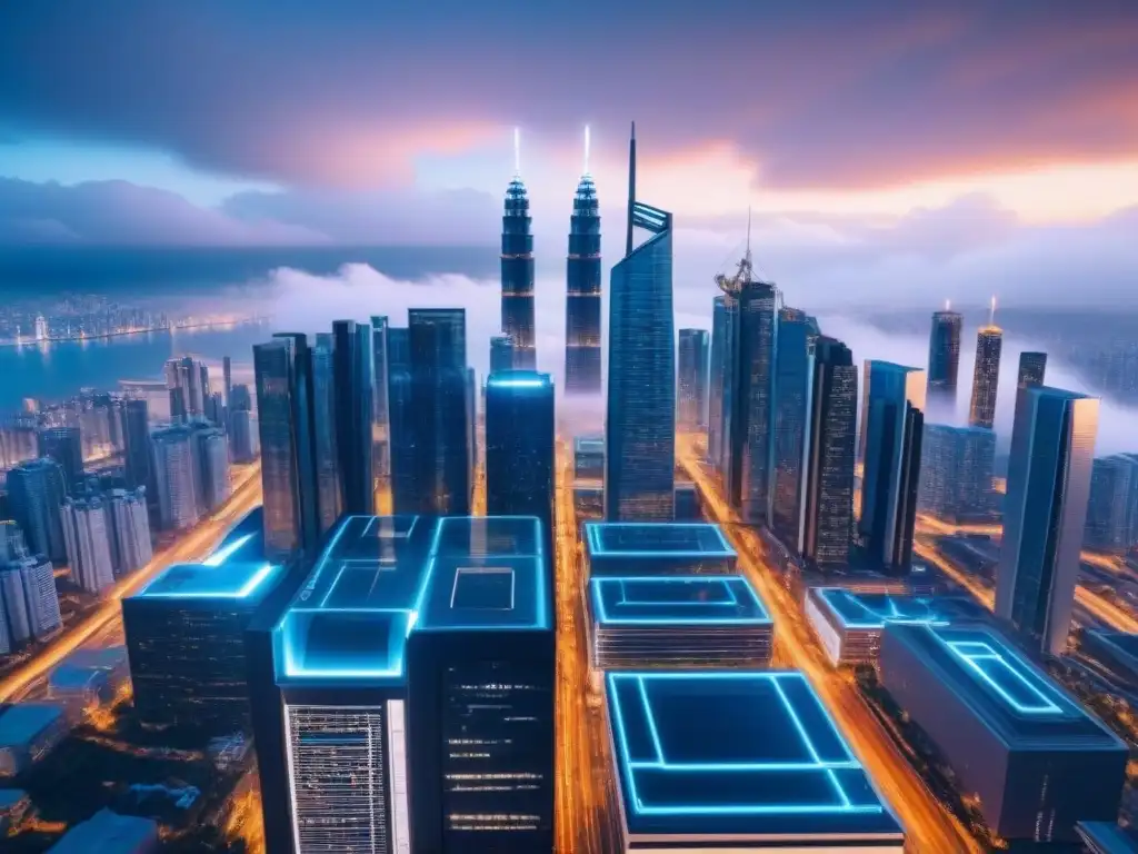 Metrópolis futurista con blockchain en la industria inmobiliaria Vista futurista de ciudad con tecnología blockchain financiamiento inmobiliario