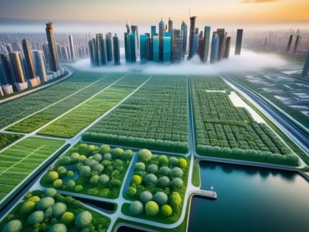 Metrópolis verde del futuro: paisaje urbano sostenible en 8k Vista futurista de una ciudad verde con infraestructura sostenible, ideal para Inversiones en infraestructura verde regulaciones