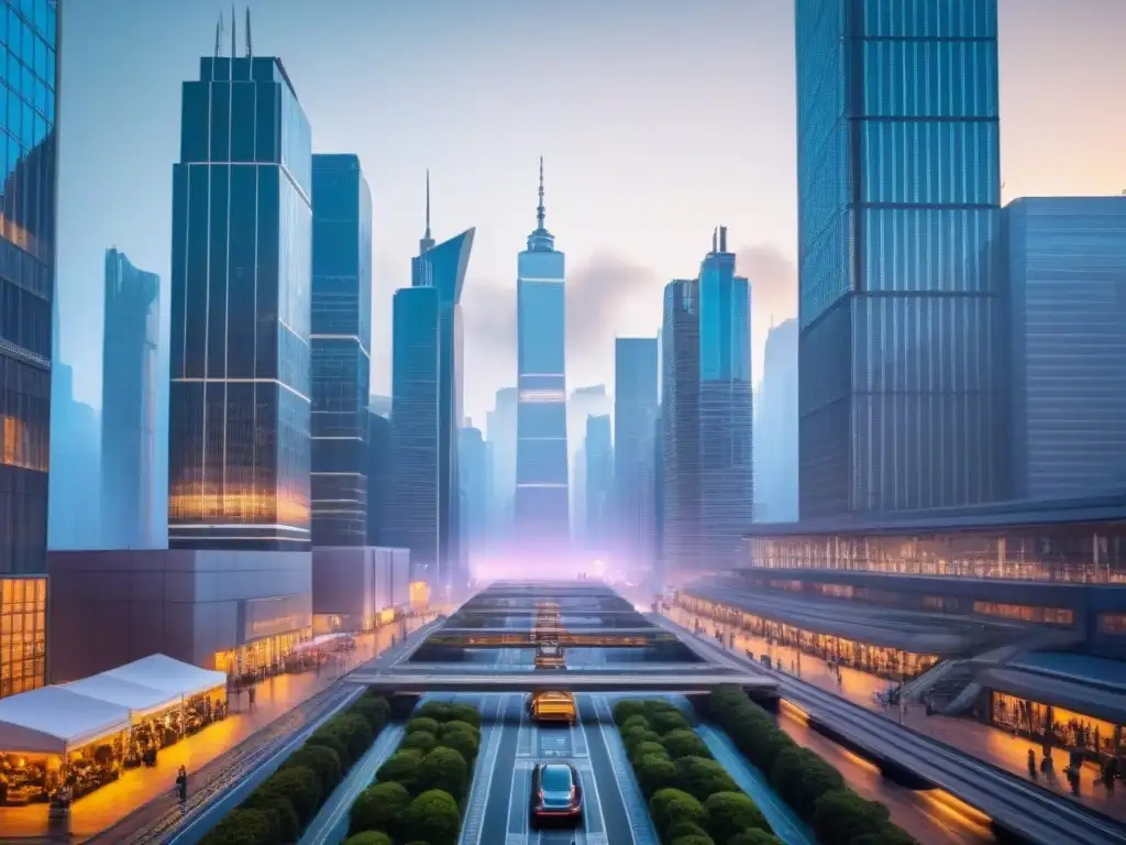 Drones AI evaluando propiedades en ciudad futurista Vista futurista de drones con IA evaluando propiedades en la ciudad