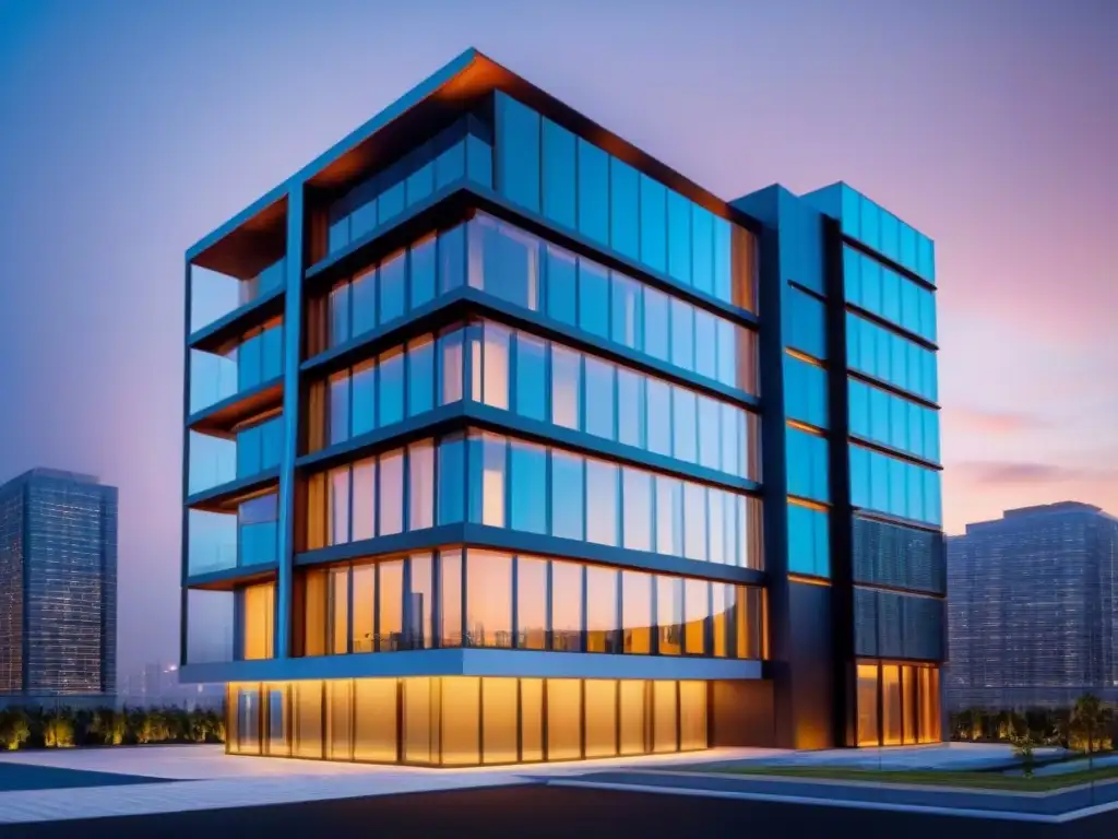 Edificio inteligente: ciberseguridad futurista Vista futurista de edificio inteligente con sistemas de ciberseguridad integrados en el sector inmobiliario