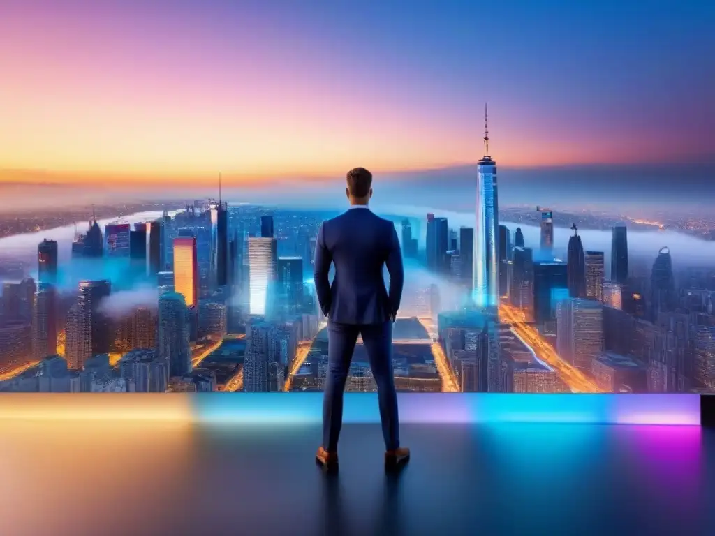 Vista futurista del mercado inmobiliario con gráficos y ciudad al atardecer