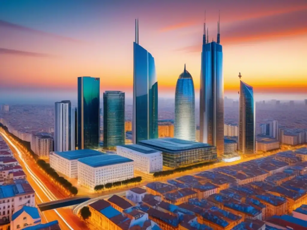 Horizonte futurista: proyecciones ROI en inmobiliaria española Vista futurista del mercado inmobiliario español con gráficos de ROI proyectados en rascacielos al atardecer