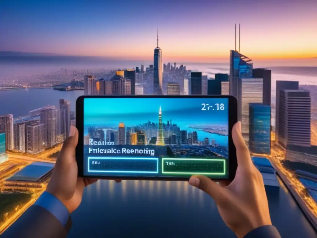 Interfaz digital futurista para inversiones inmobiliarias Vista futurista de modelos predictivos inversiones inmobiliarias en interfaz digital con gráficos 3D y ciudad al anochecer
