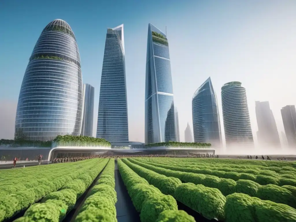 Proyecto inmobiliario futurista: rascacielos innovadores y sostenibles en la ciudad Vista futurista de un proyecto inmobiliario con diseño innovador y sostenible en una ciudad vibrante
