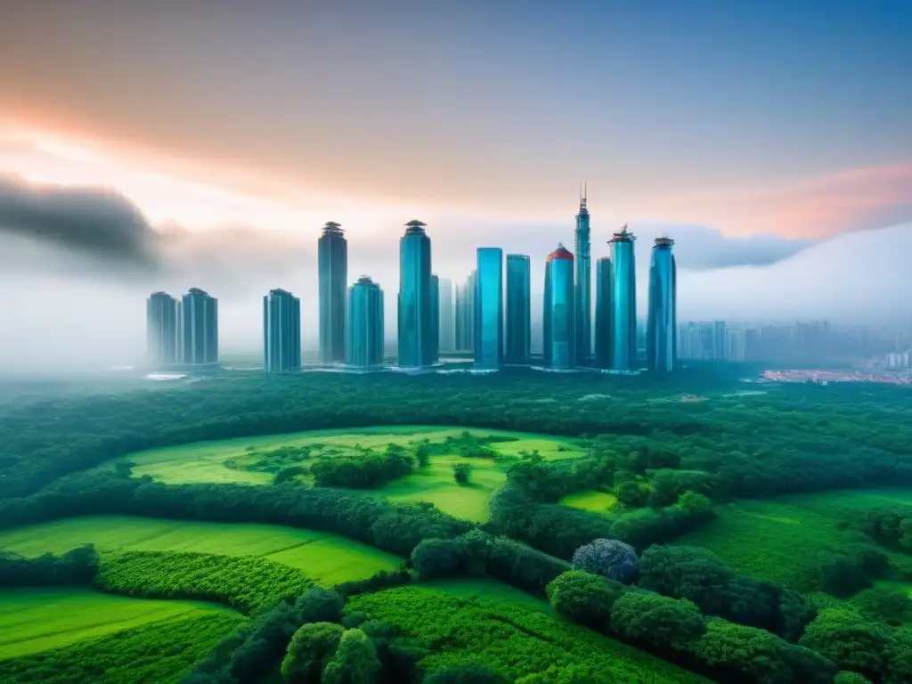 Armonía urbana: rascacielos futuristas entre naturaleza exuberante Vista futurista de rascacielos rodeados de vegetación, ilustrando la coexistencia entre urbanización y naturaleza en la inversión inmobiliaria