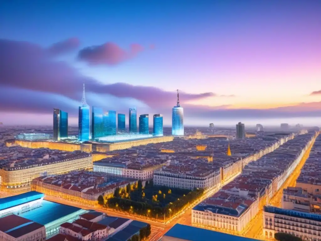 Madrid futurista: tecnología avanzada en la ciudad Vista futurista de Madrid con tecnología en mercado inmobiliario español