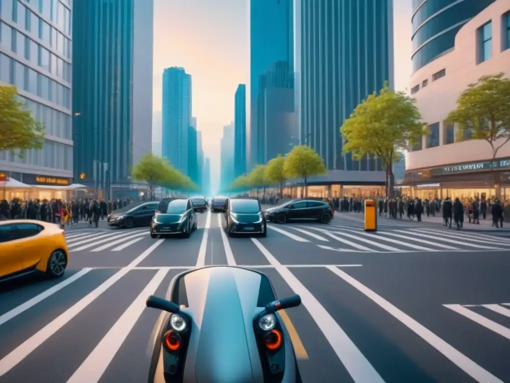 Intersección urbana futurista: movilidad sostenible y conectividad Vista futurista de la intersección urbana con movilidad como servicio y edificios modernos
