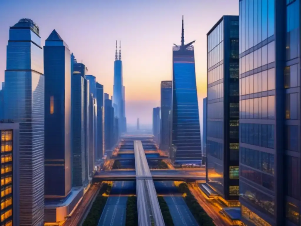 Horizonte futurista: progreso e innovación en la ciudad del mañana Vista futurista urbana al anochecer, con rascacielos iluminados y sistemas de transporte avanzados integrados, simbolizando estrategias anticiparse cambios política monetaria