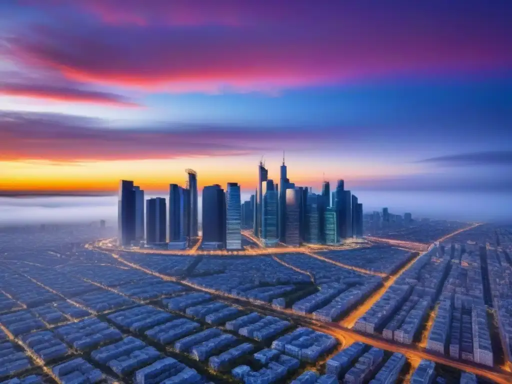Skyline futurista: inversión inmobiliaria en metrópolis moderna Vista impactante de la ciudad futurista con rascacielos modernos reflejando el atardecer, mostrando el dinamismo del mercado inmobiliario