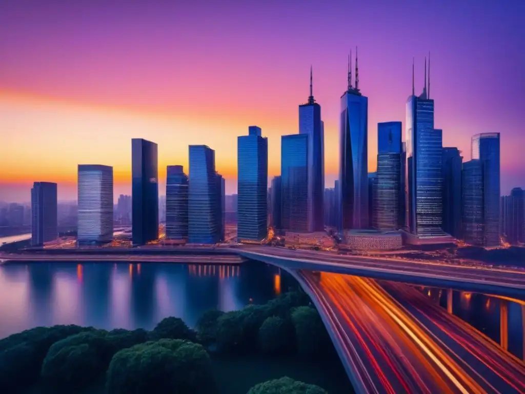 Horizonte urbano al atardecer: luces, puentes y negocios Vista impactante de skyline urbano al atardecer, reflejando la política monetaria en el mercado inmobiliario