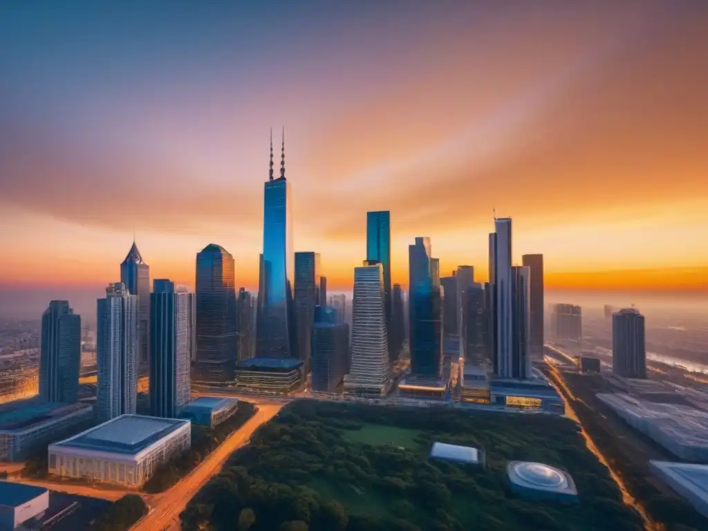 Espléndido atardecer urbano: diversidad de inmuebles comerciales en 8k Vista impresionante de la ciudad al atardecer, destaca la importancia de bienes raíces comerciales