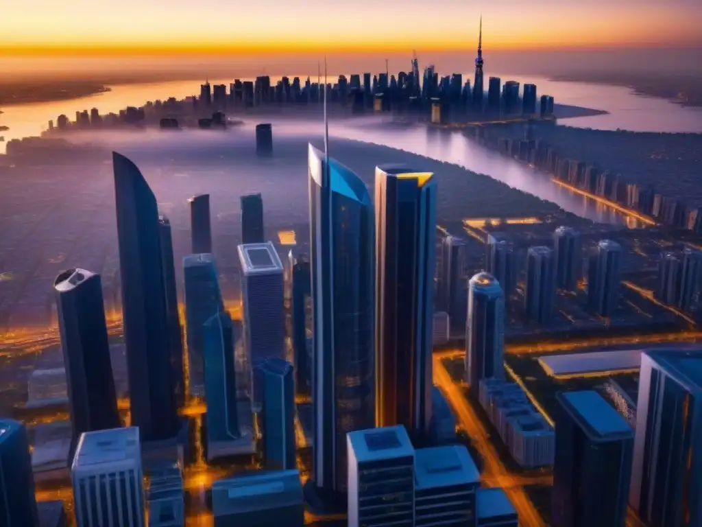 Vista panorámica de ciudad futurista al atardecer Vista impresionante de una ciudad futurista al atardecer, reflejando modernidad y sostenibilidad