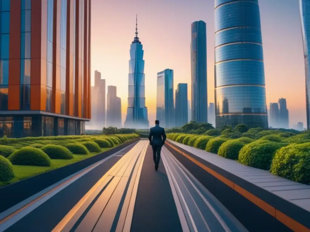 Futurismo dorado: ciudad futurista en 8k Vista impresionante de una ciudad futurista con rascacielos modernos reflejando la luz dorada del atardecer