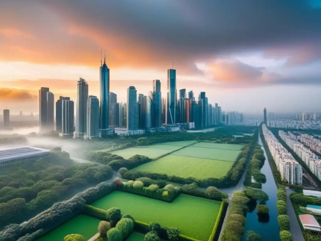Riesgos ambientales en inversión inmobiliaria: ciudad moderna vs naturaleza Vista impresionante de ciudad moderna y parques verdes, resaltando factores riesgo ambiental inversor inmobiliario