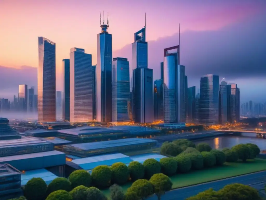 Horizonte urbano moderno en 8K: atardecer entre rascacielos Vista impresionante de una ciudad moderna al anochecer, protegiendo inversión en mercado inmobiliario