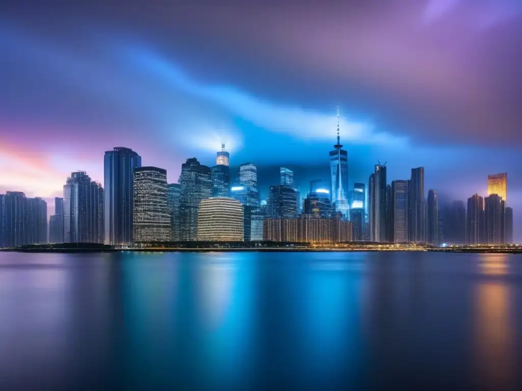 Vibrante skyline urbano al atardecer: luces y modernidad en 8k Una vista impresionante de la ciudad al anochecer, con rascacielos iluminados y un lago sereno