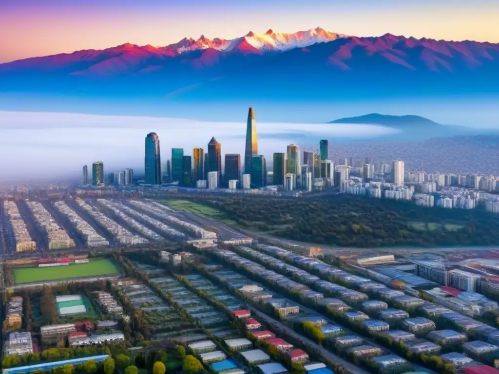 Espléndida vista aérea de Santiago, Chile, entre rascacielos y montañas Vista impresionante de Santiago, Chile, con su imponente skyline y la cordillera de los Andes de fondo